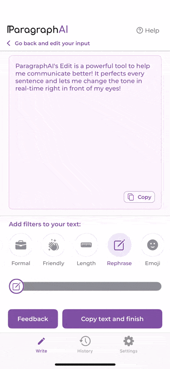 An animated gif of ParagraphAI edit slider feature showing that the changing text as the slider moves