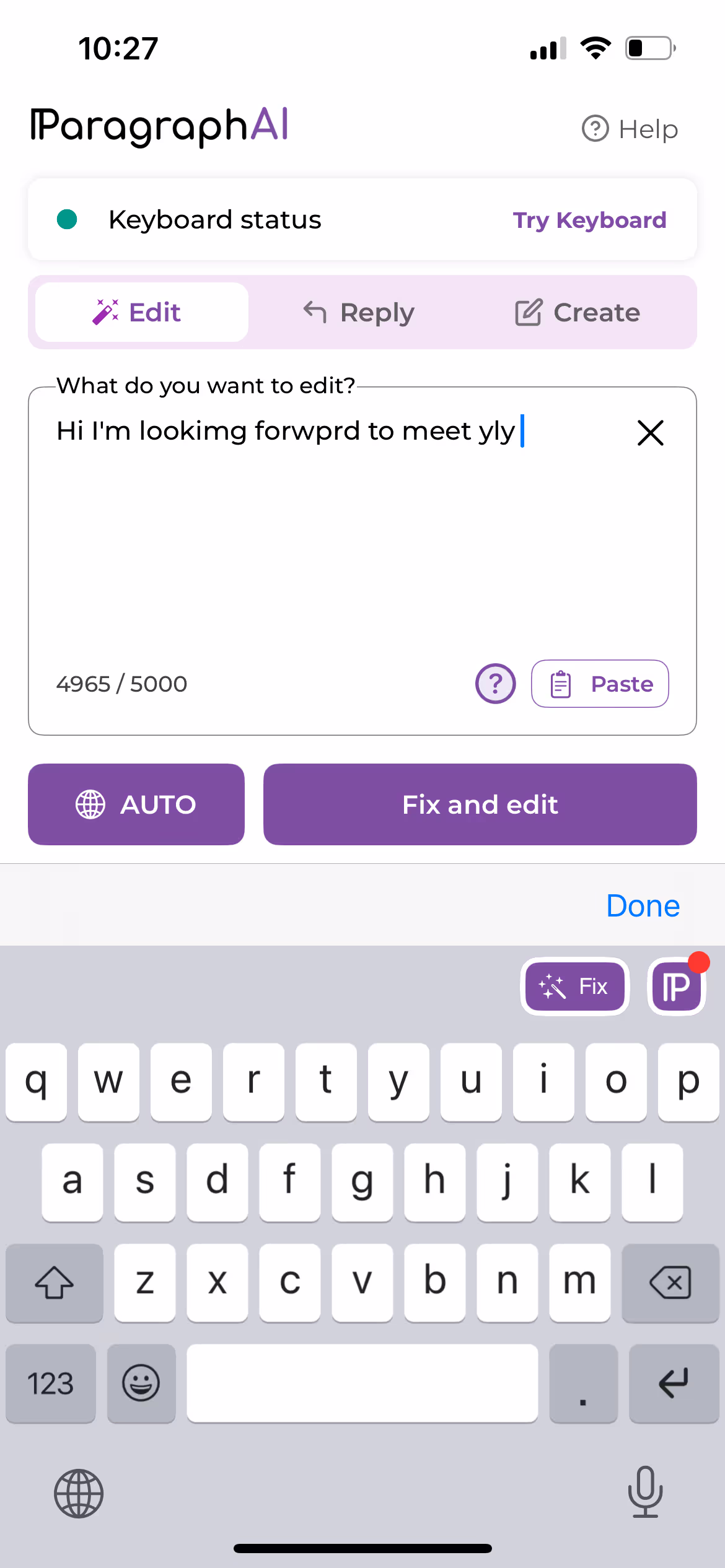 The ParagraphAI mobile app showing the Fix feature