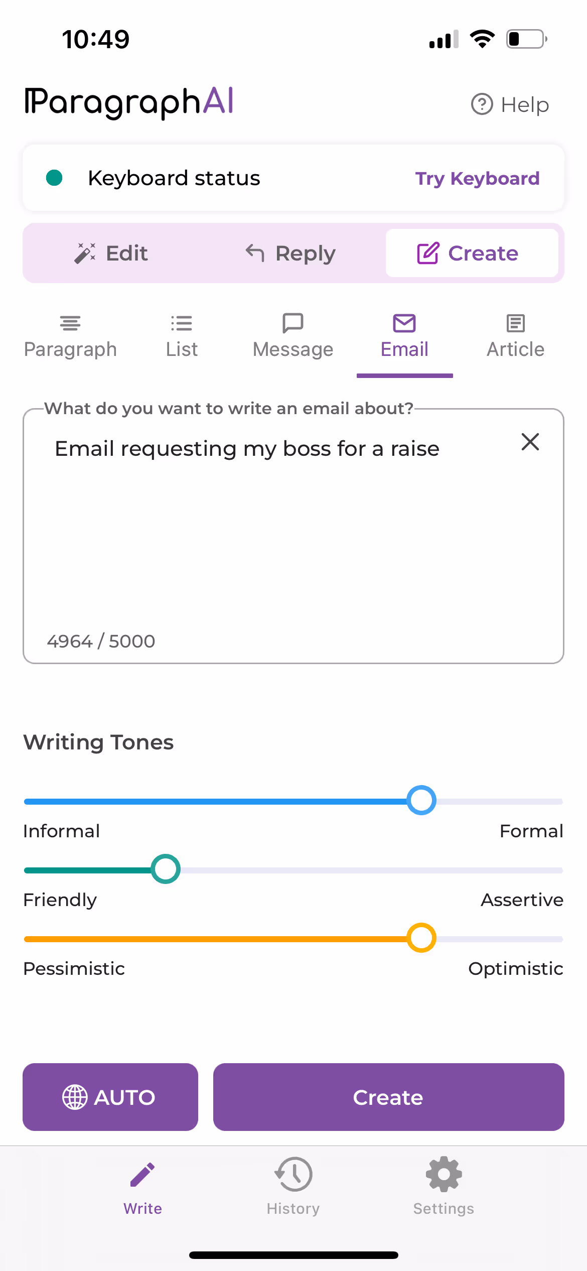 The ParagraphAI mobile app showing the Create feature