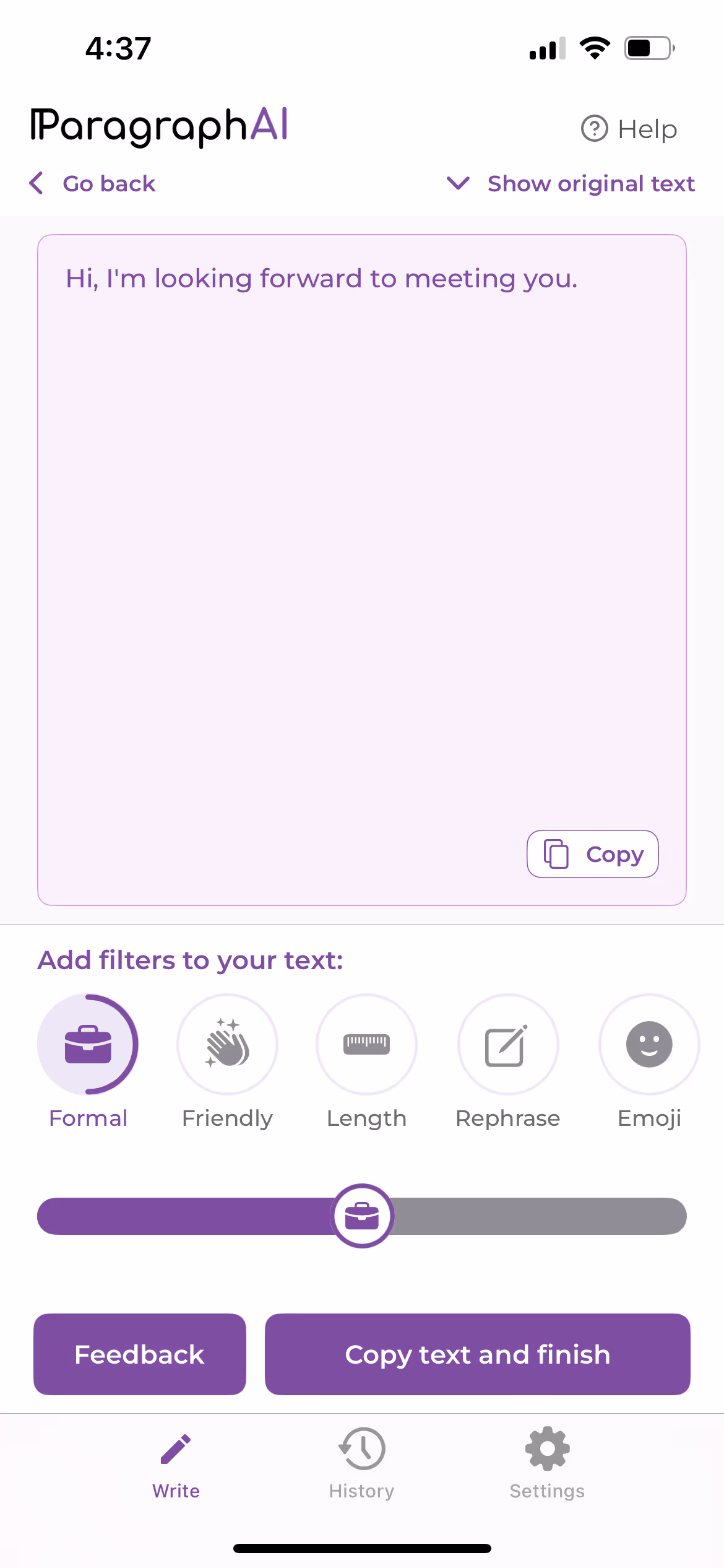 The ParagraphAI mobile app showing the Edit feature