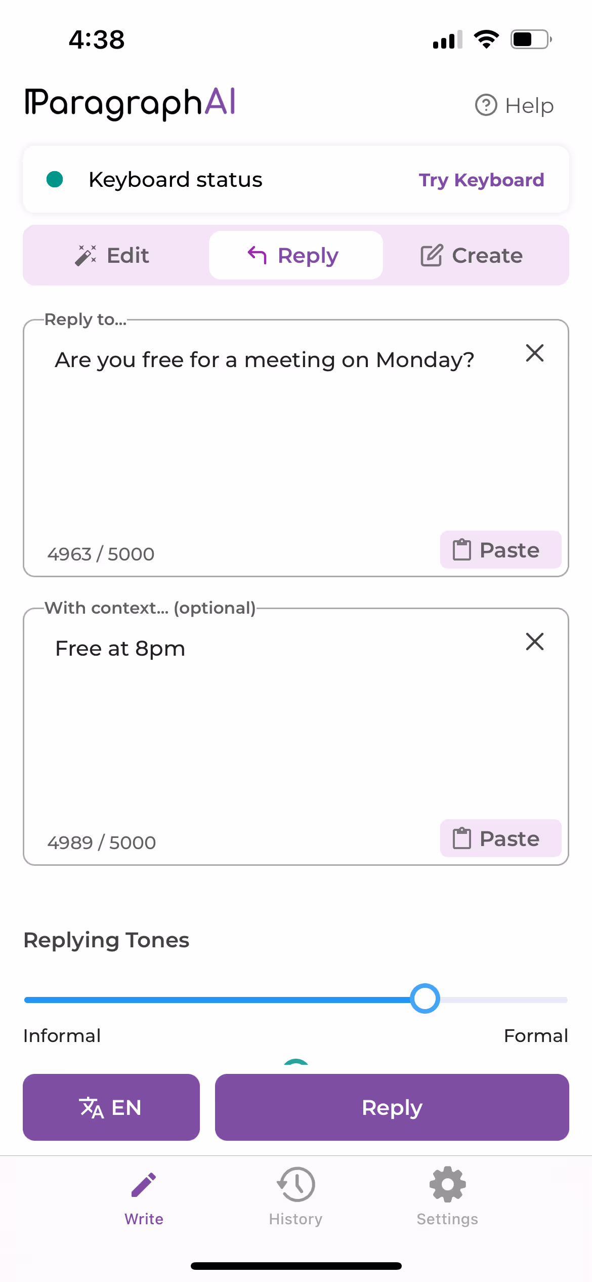 The ParagraphAI mobile app showing the Reply feature
