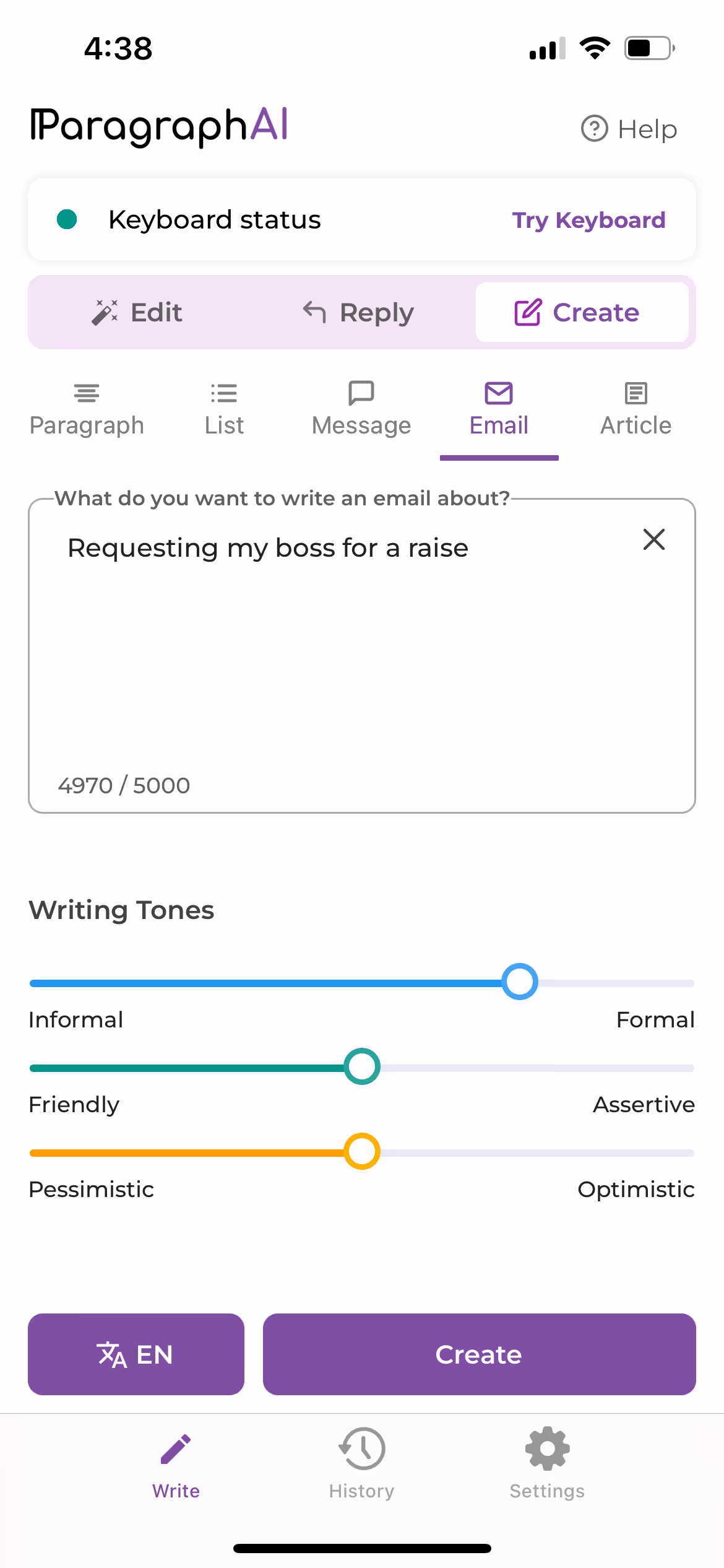 The ParagraphAI mobile app showing the Create feature