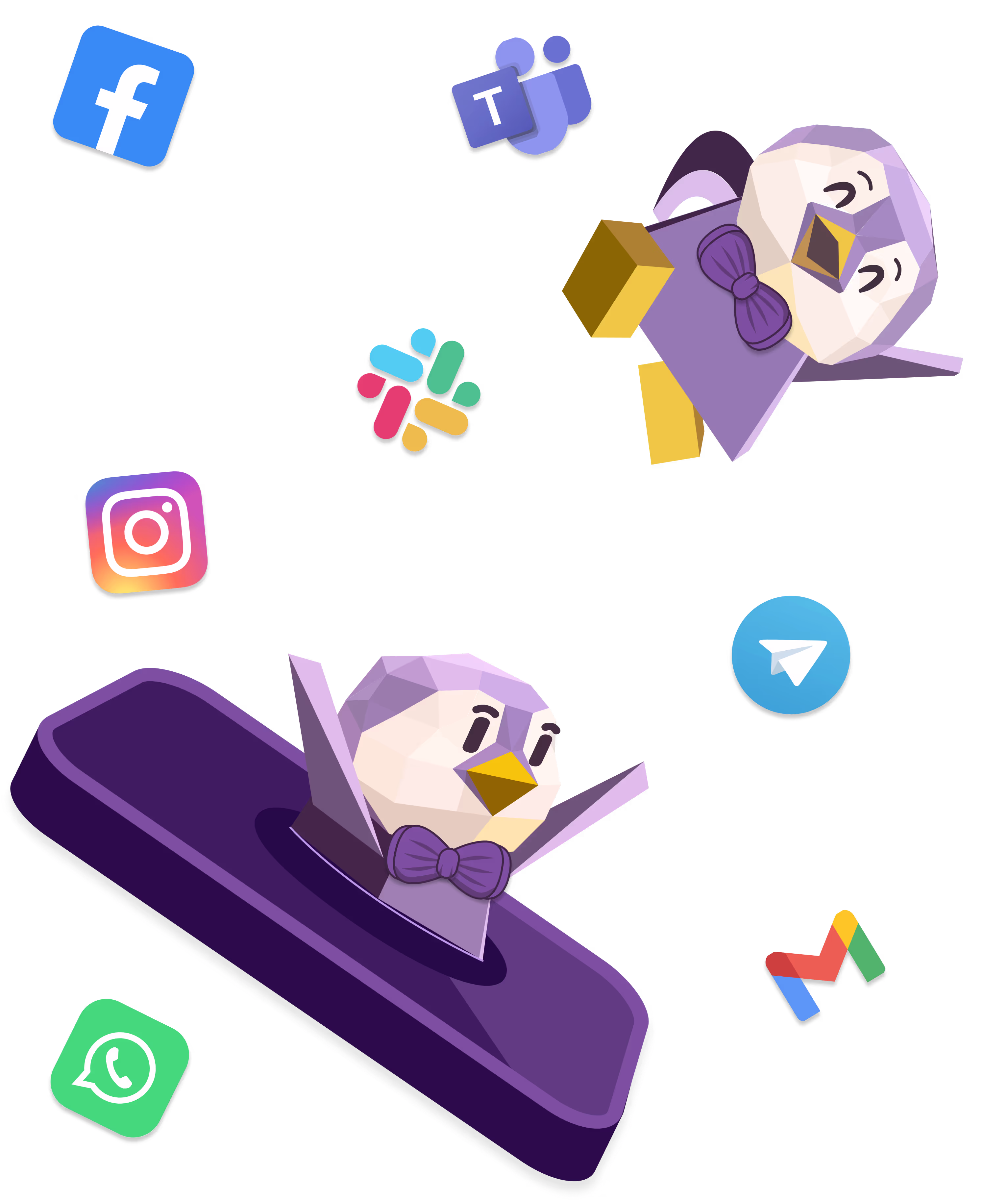 Perry the purple penguin jumping out of a phone with applications surrounding it