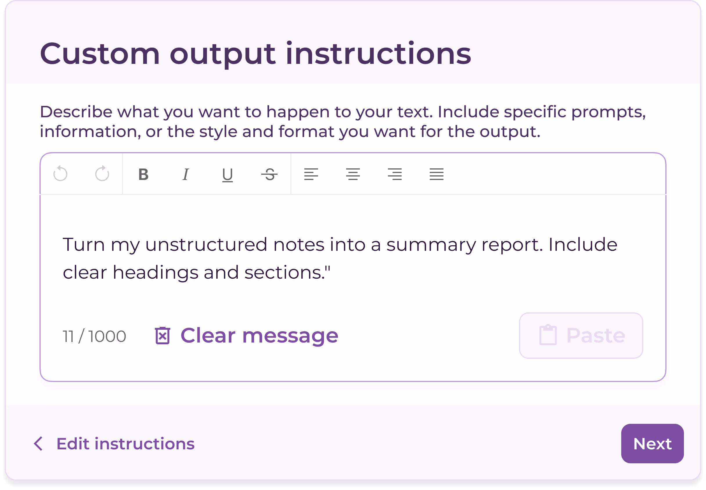 Image of custom output instruction