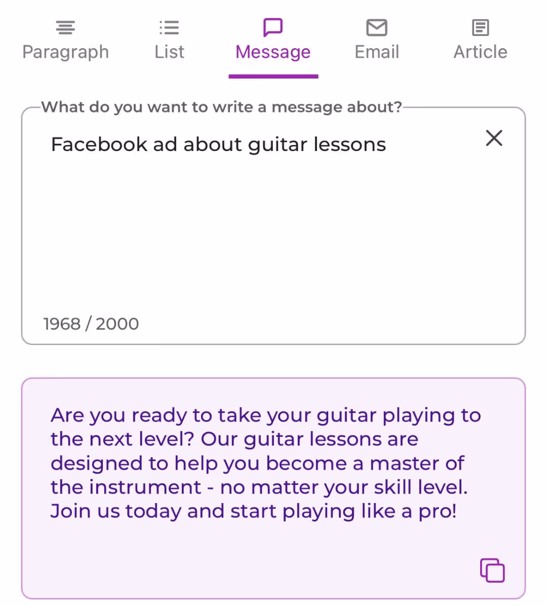 Creating a Facebook ad using ParagraphAI.