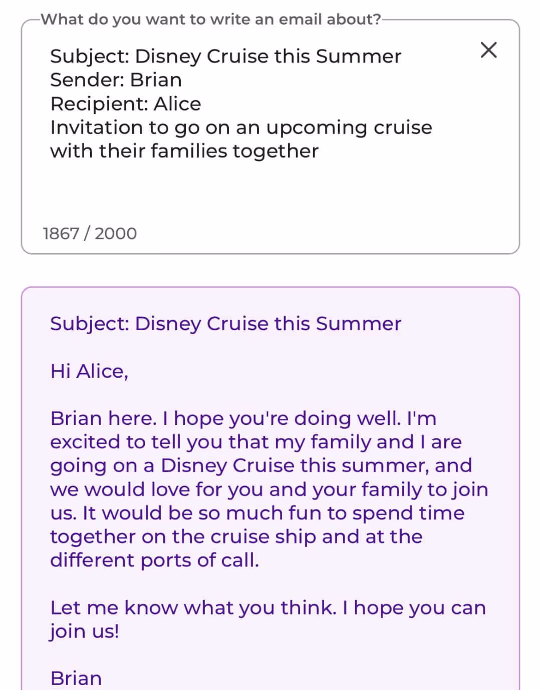 ParagraphAI app showing it an AI generated email.